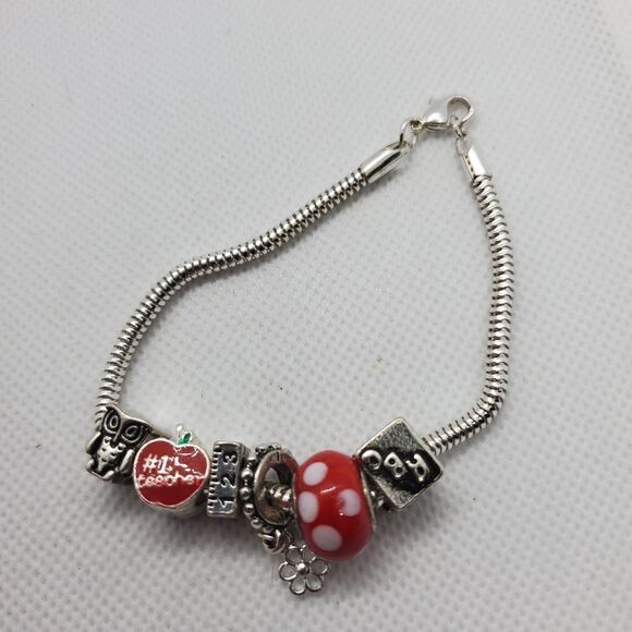 Silver Tone & Red Teacher European Charm Bracelet - Picture 5 of 5